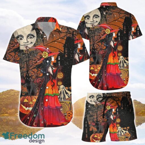 Scary Halloween Shirts Halloween Witch Ghost Cat Retro Hawaiian Shirts and Shorts Product Photo 1