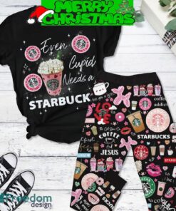 Starbucks Cupid Need Coffee Black Fleece Pajamas Set All Over Print Christmas Gift