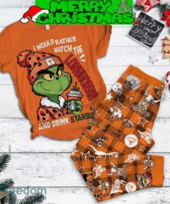 Texas Longhorns Grinch Drink Starbucks Fleece Pajamas Set Full Print Christmas For Women Texas Longhorns Grinch Drink Starbucks Fleece Pajamas Set Full Print Christmas For Women
