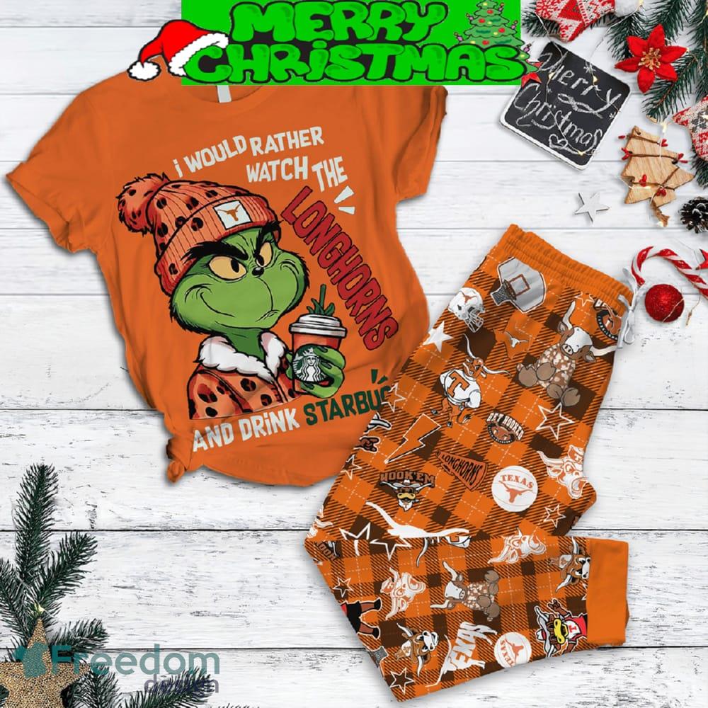 Texas Longhorns Grinch Drink Starbucks Fleece Pajamas Set Full Print Christmas For Women image Texas Longhorns Grinch Drink Starbucks Fleece Pajamas Set Full Print Christmas For Women - Texas Longhorns Grinch Drink Starbucks Fleece Pajamas Set-1
