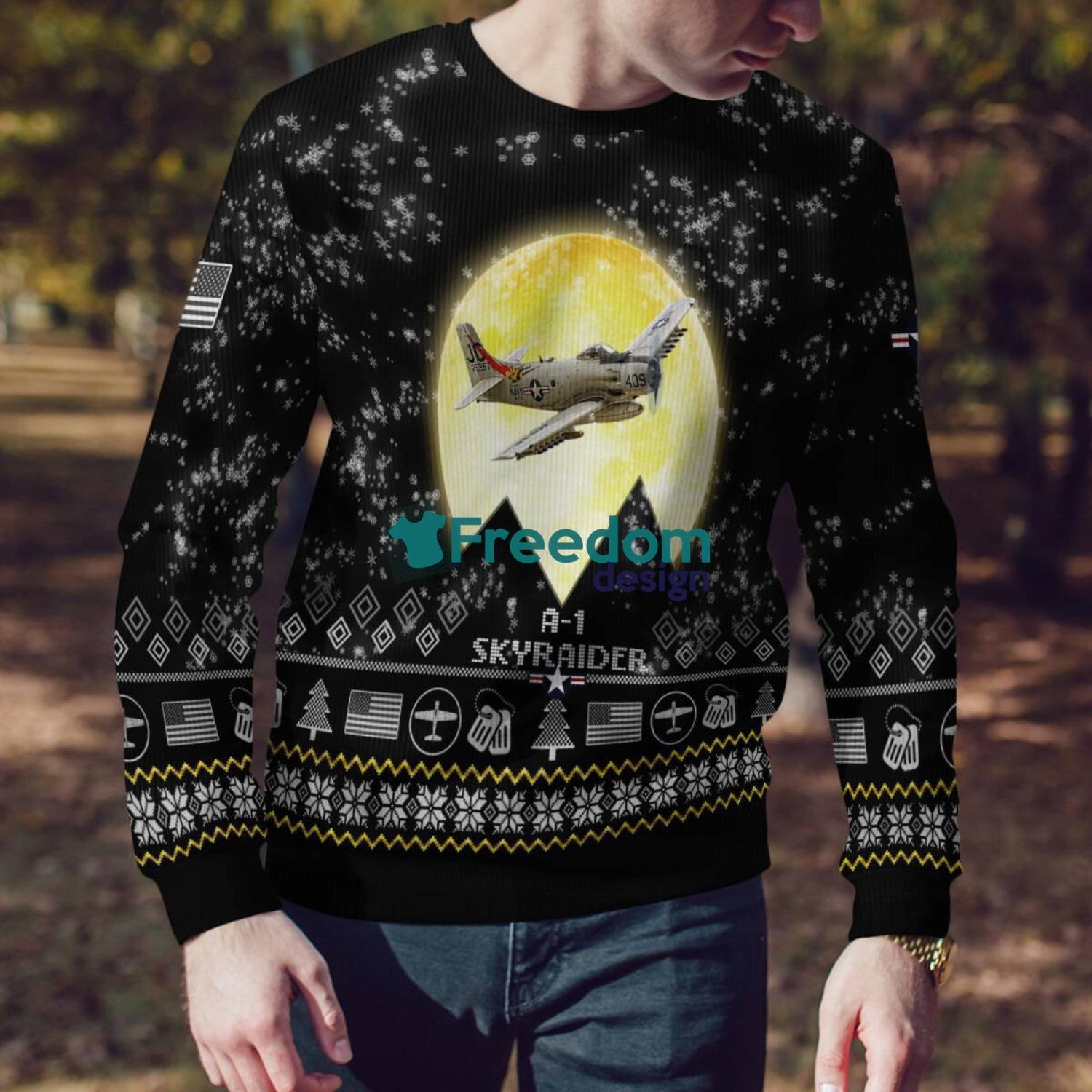 A 1 Skyraider A1 Aircraft Moonlight Black Ugly Christmas Sweater Veteran Sweater image A-1 Skyraider A1 Aircraft Moonlight Black Ugly Christmas Sweater Veteran Sweater Product Photo 3