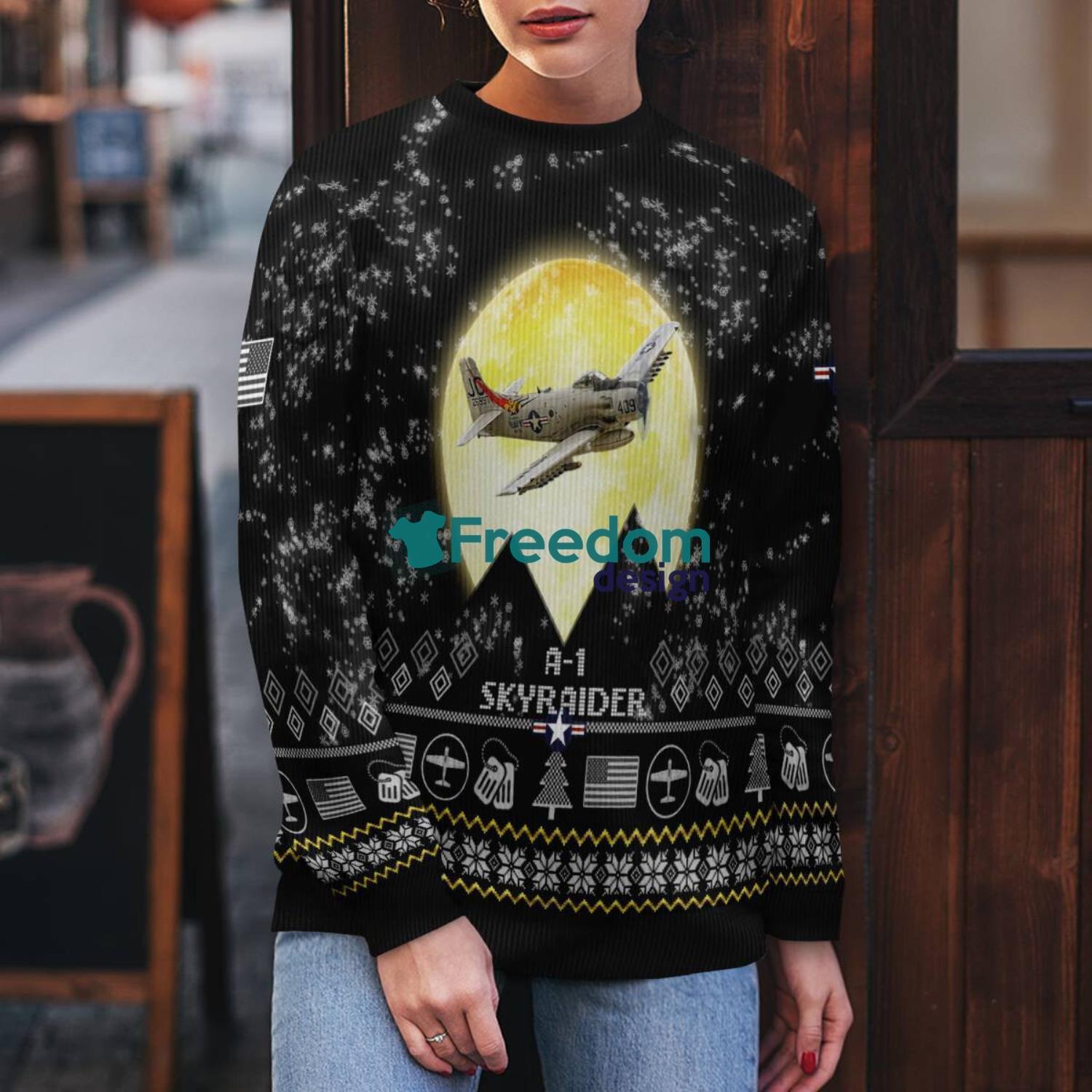 a-1-skyraider-a1-aircraft-moonlight-black-ugly-christmas-sweater-veteran-sweater-3.jpg A-1 Skyraider A1 Aircraft Moonlight Black Ugly Christmas Sweater Veteran Sweater Product Photo 4