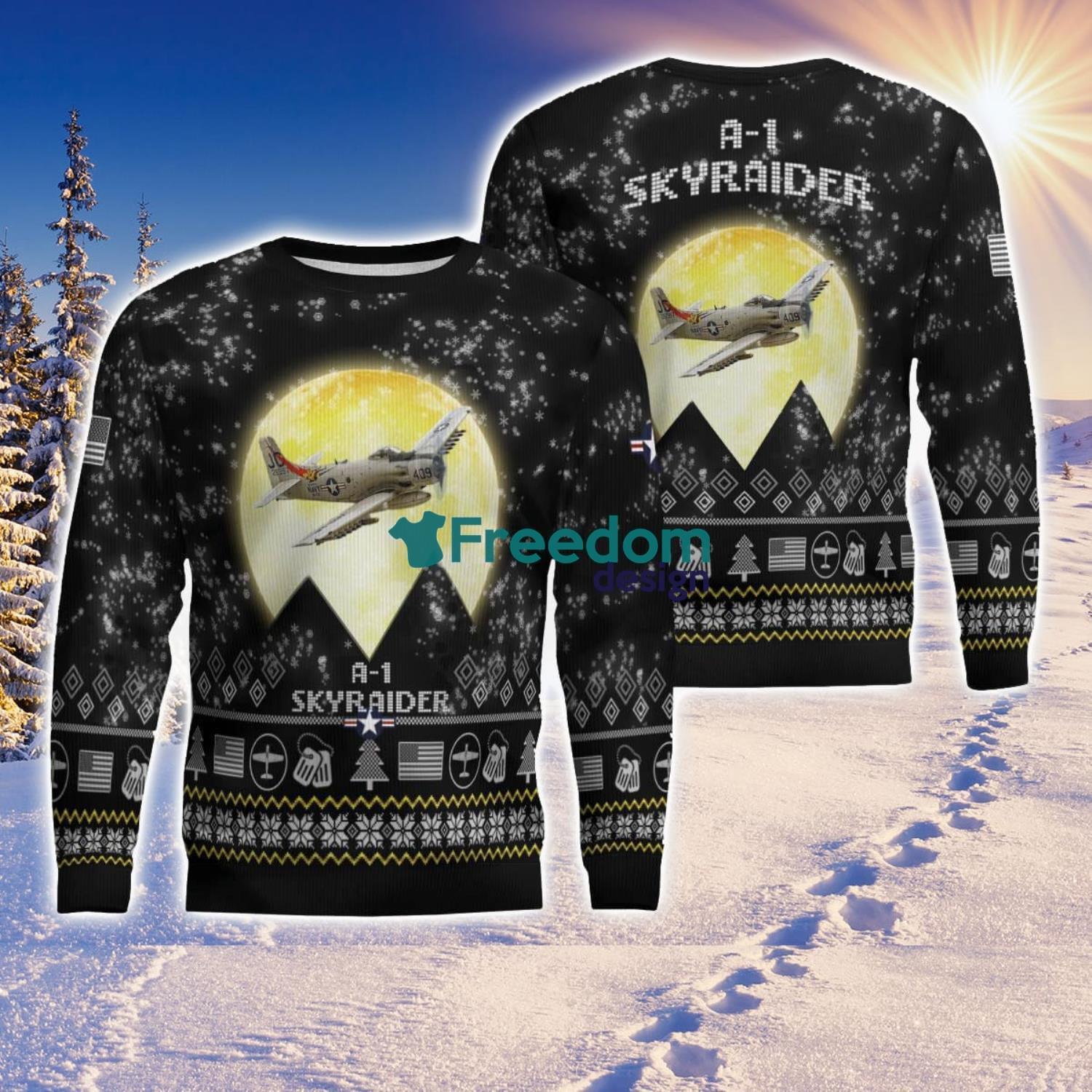 A 1 Skyraider A1 Aircraft Moonlight Black Ugly Christmas Sweater Veteran Sweater image A-1 Skyraider A1 Aircraft Moonlight Black Ugly Christmas Sweater Veteran Sweater Product Photo 1