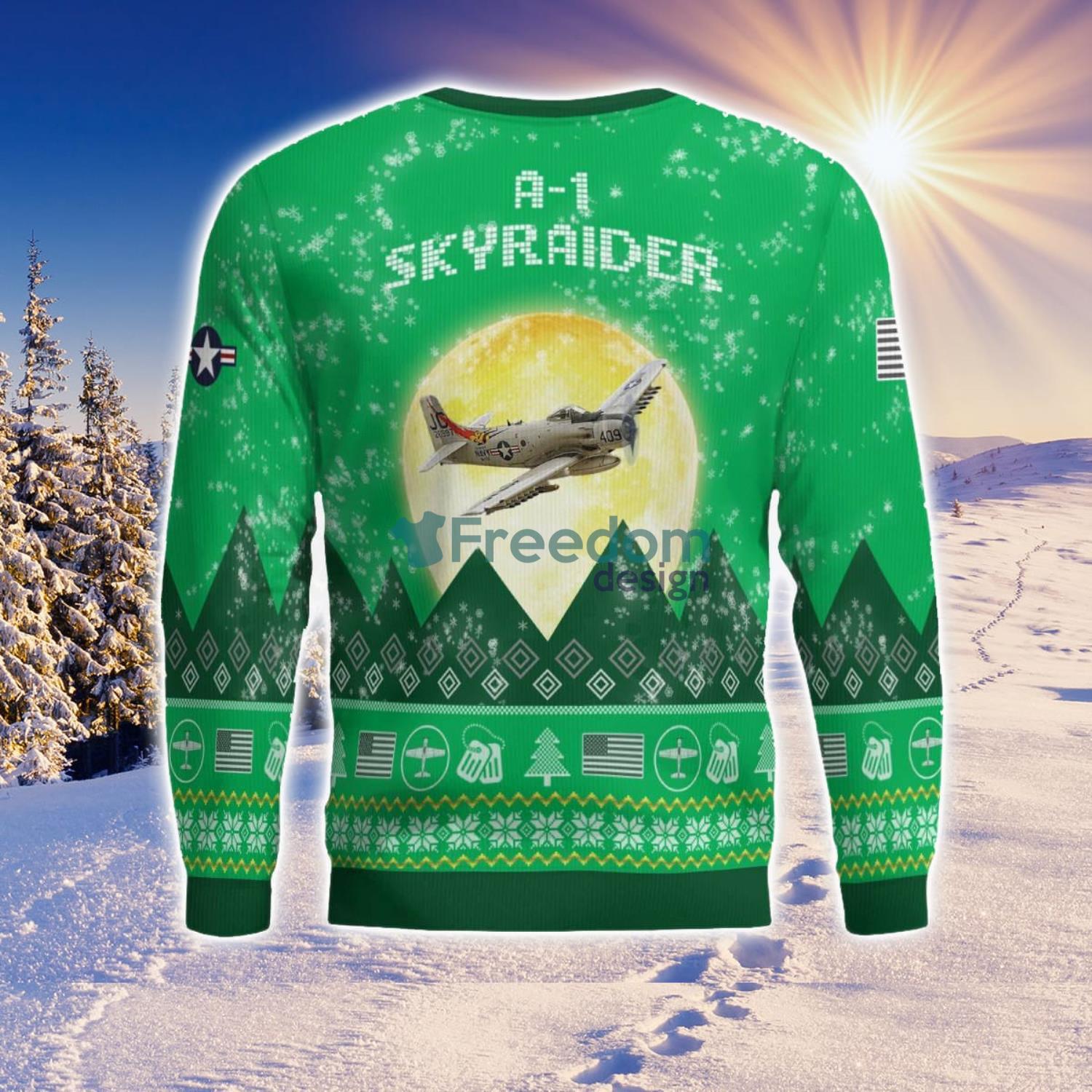 A-1 Skyraider A1 Aircraft Moonlight Green Color 3D Ugly Christmas Sweater A-1 Skyraider A1 Aircraft Moonlight Green Color 3D Ugly Christmas Sweater Product Photo 2