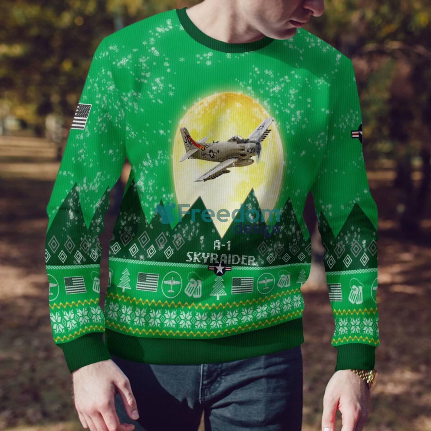 A 1 Skyraider A1 Aircraft Moonlight Green Color 3D Ugly Christmas Sweater image A-1 Skyraider A1 Aircraft Moonlight Green Color 3D Ugly Christmas Sweater Product Photo 3