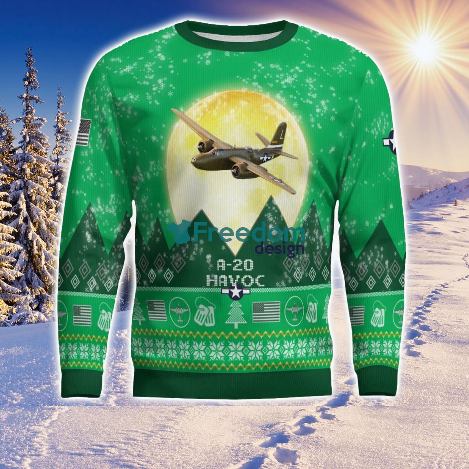 A 20 Havoc A20 Aircraft Moonlight Green Color 3D Ugly Christmas Sweater image A-20 Havoc A20 Aircraft Moonlight Green Color 3D Ugly Christmas Sweater Product Photo 2