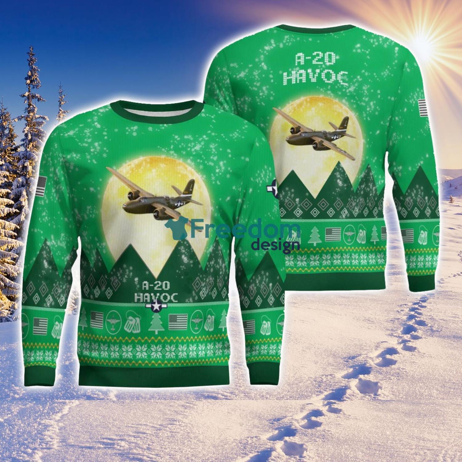 A 20 Havoc A20 Aircraft Moonlight Green Color 3D Ugly Christmas Sweater image A-20 Havoc A20 Aircraft Moonlight Green Color 3D Ugly Christmas Sweater Product Photo 1