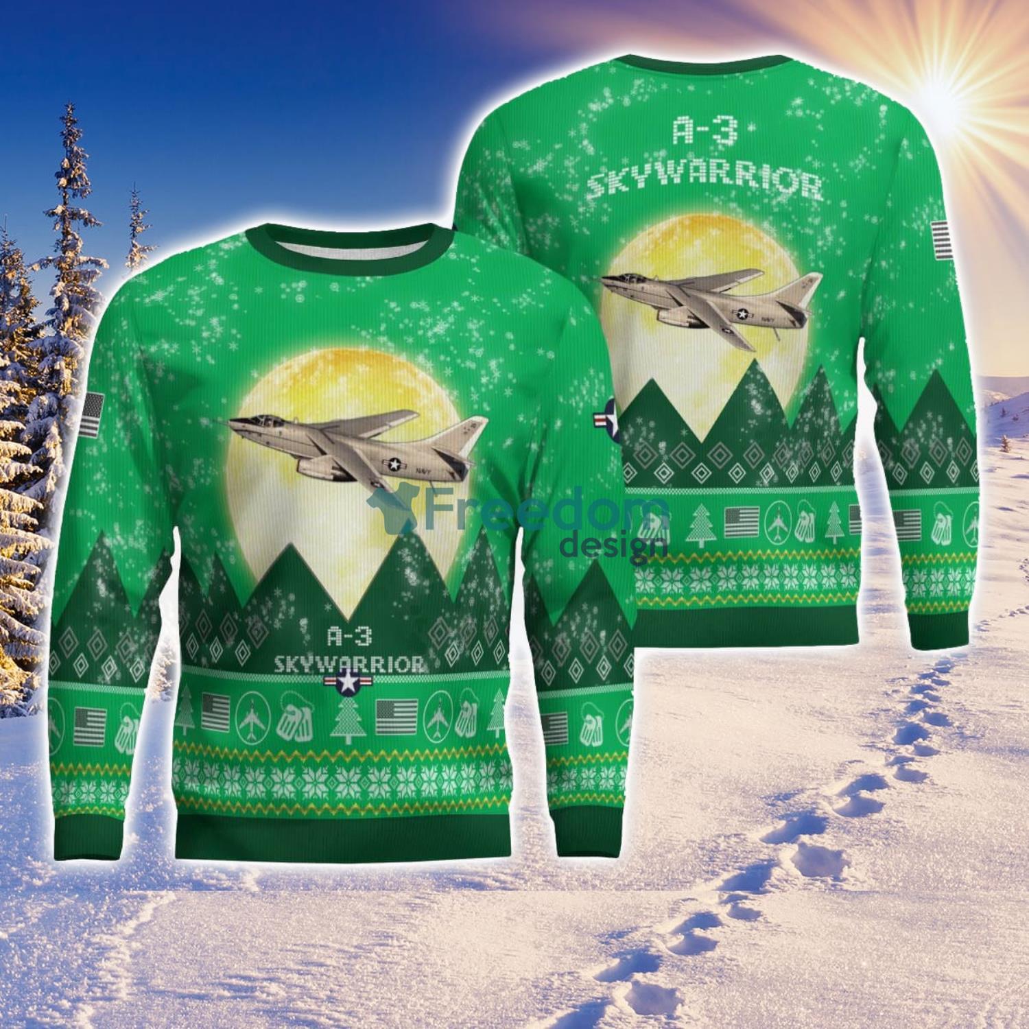 A 3 Skywarrior A3 Aircraft Moonlight Green Color 3D Ugly Christmas Sweater image A-3 Skywarrior A3 Aircraft Moonlight Green Color 3D Ugly Christmas Sweater Product Photo 1