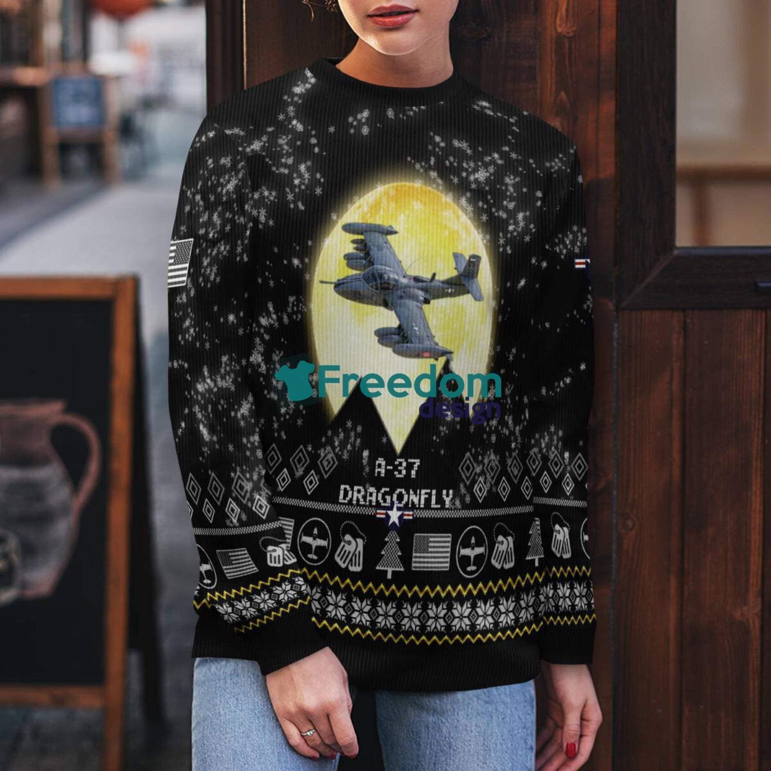 A 37 Dragonfly A37 Aircraft Moonlight Black Ugly Christmas Sweater Veteran Sweater image A-37 Dragonfly A37 Aircraft Moonlight Black Ugly Christmas Sweater Veteran Sweater Product Photo 1
