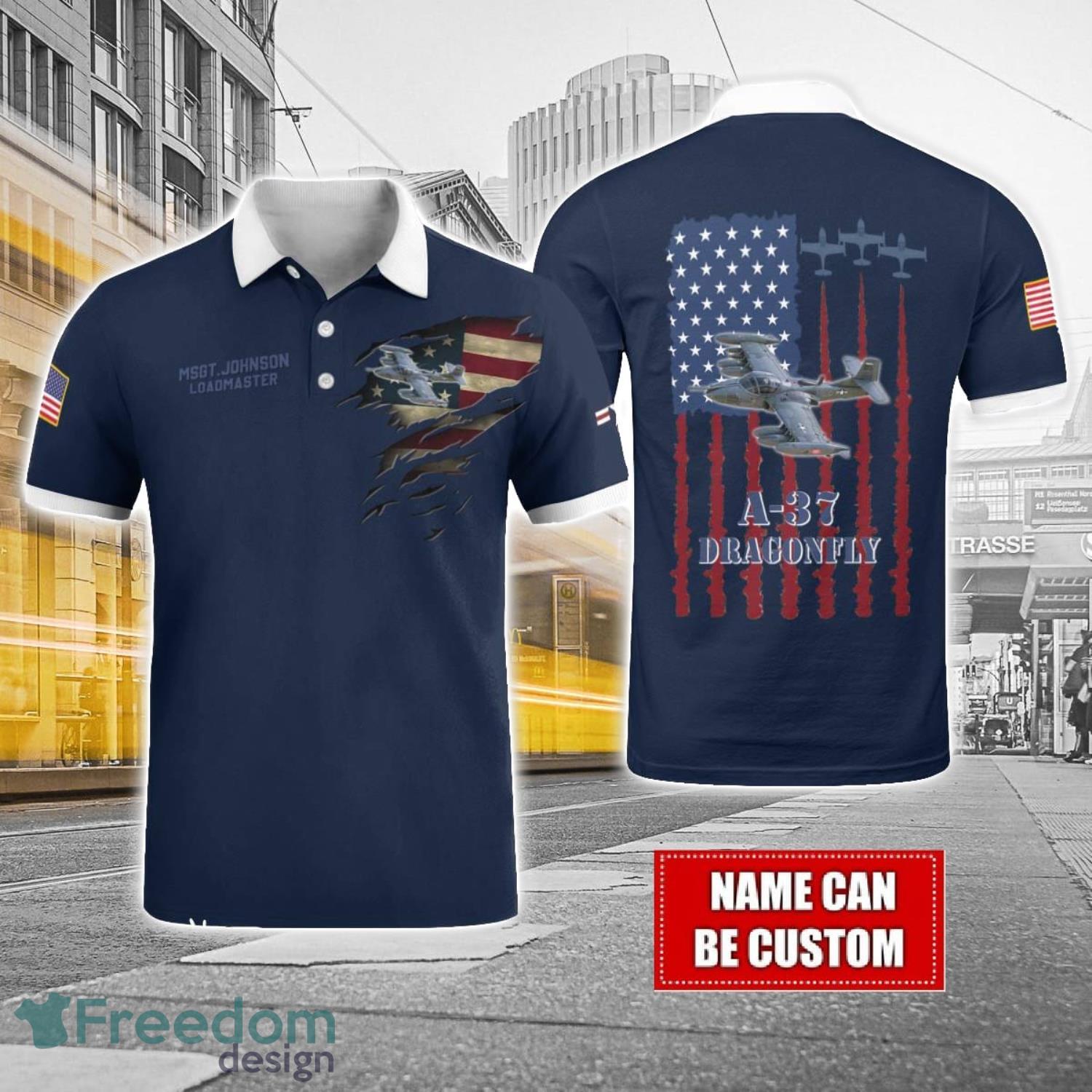 A 37 Dragonfly A37 Custom Name AOP Aircraft Polo Shirt Veteran Golf polo Shirt Navy Color image A-37 Dragonfly A37 Custom Name AOP Aircraft Polo Shirt Veteran Golf polo Shirt Navy Color Product Photo 1
