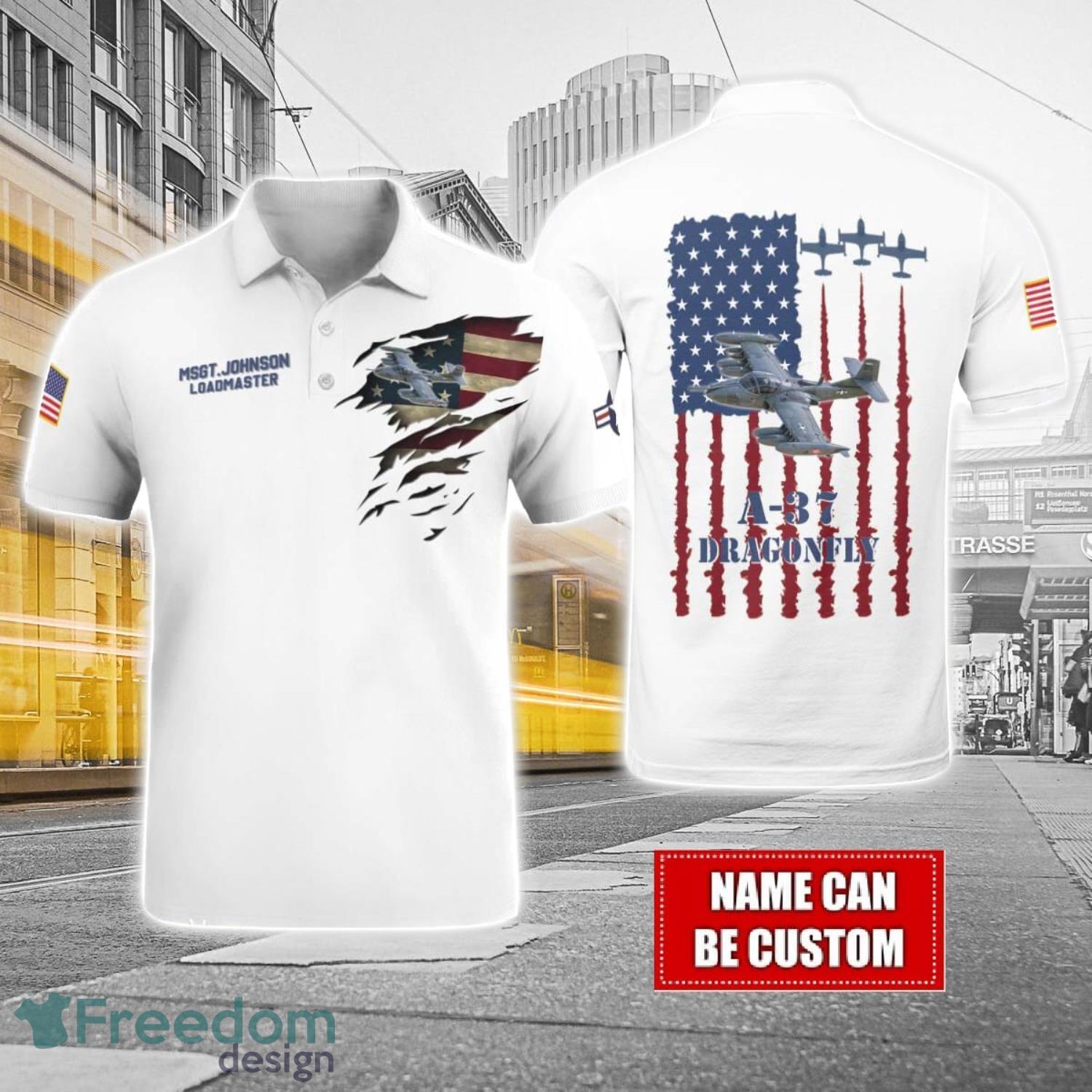 A 37 Dragonfly A37 Custom Name AOP Aircraft Polo Shirt Veteran Golf polo Shirt White Corlor image A-37 Dragonfly A37 Custom Name AOP Aircraft Polo Shirt Veteran Golf polo Shirt White Corlor Product Photo 1