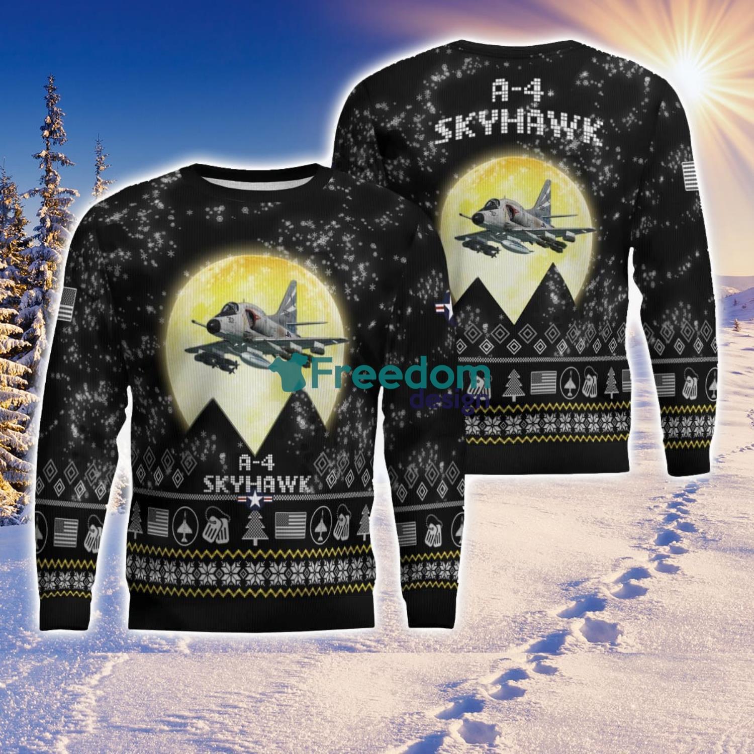 A 4 Skyhawk A4 Aircraft Moonlight Black Ugly Christmas Sweater Veteran Sweater image A-4 Skyhawk A4 Aircraft Moonlight Black Ugly Christmas Sweater Veteran Sweater Product Photo 1