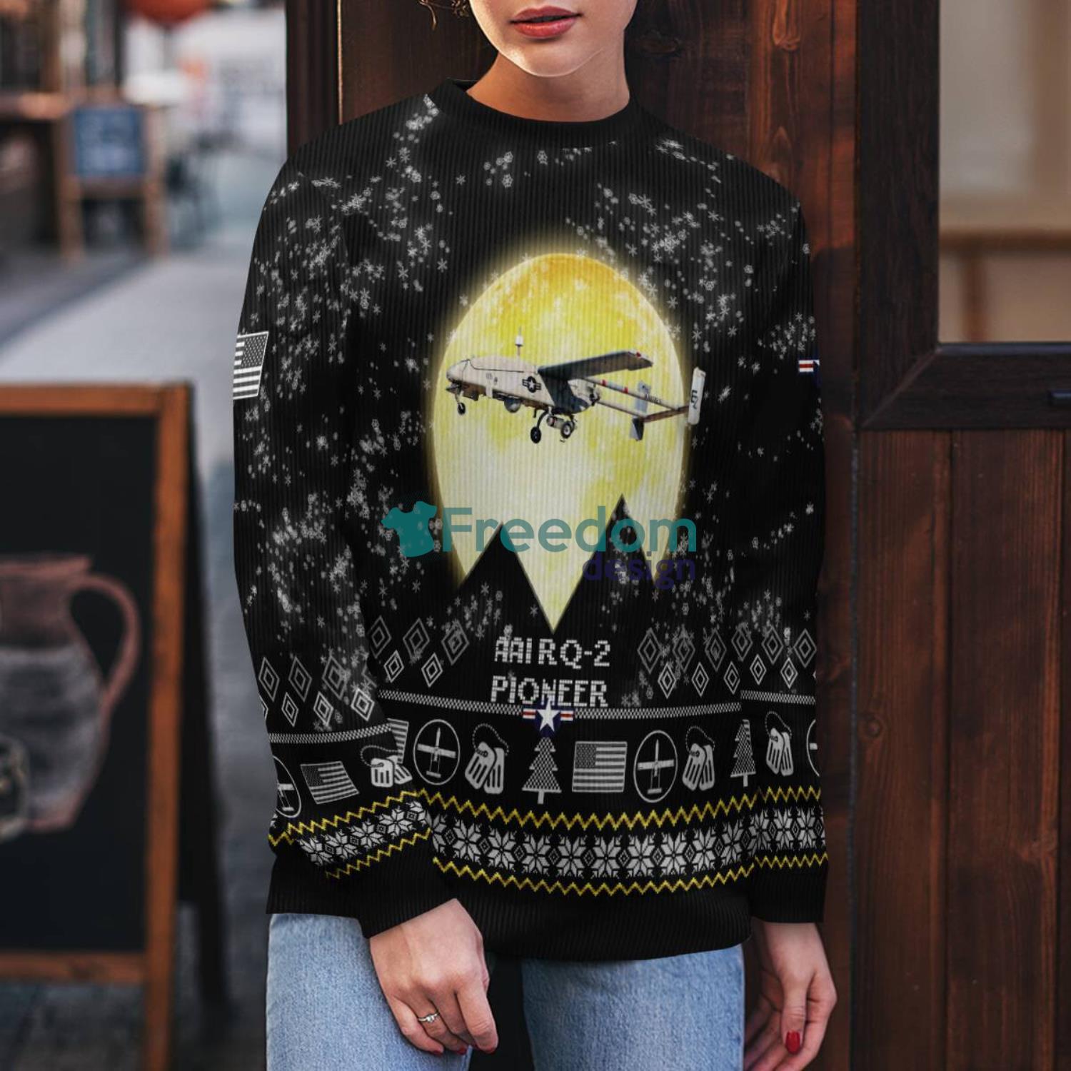 AAI RQ 2 Pioneer RQ2 Aircraft Moonlight Black Ugly Christmas Sweater Veteran Sweater image AAI RQ-2 Pioneer RQ2 Aircraft Moonlight Black Ugly Christmas Sweater Veteran Sweater Product Photo 1