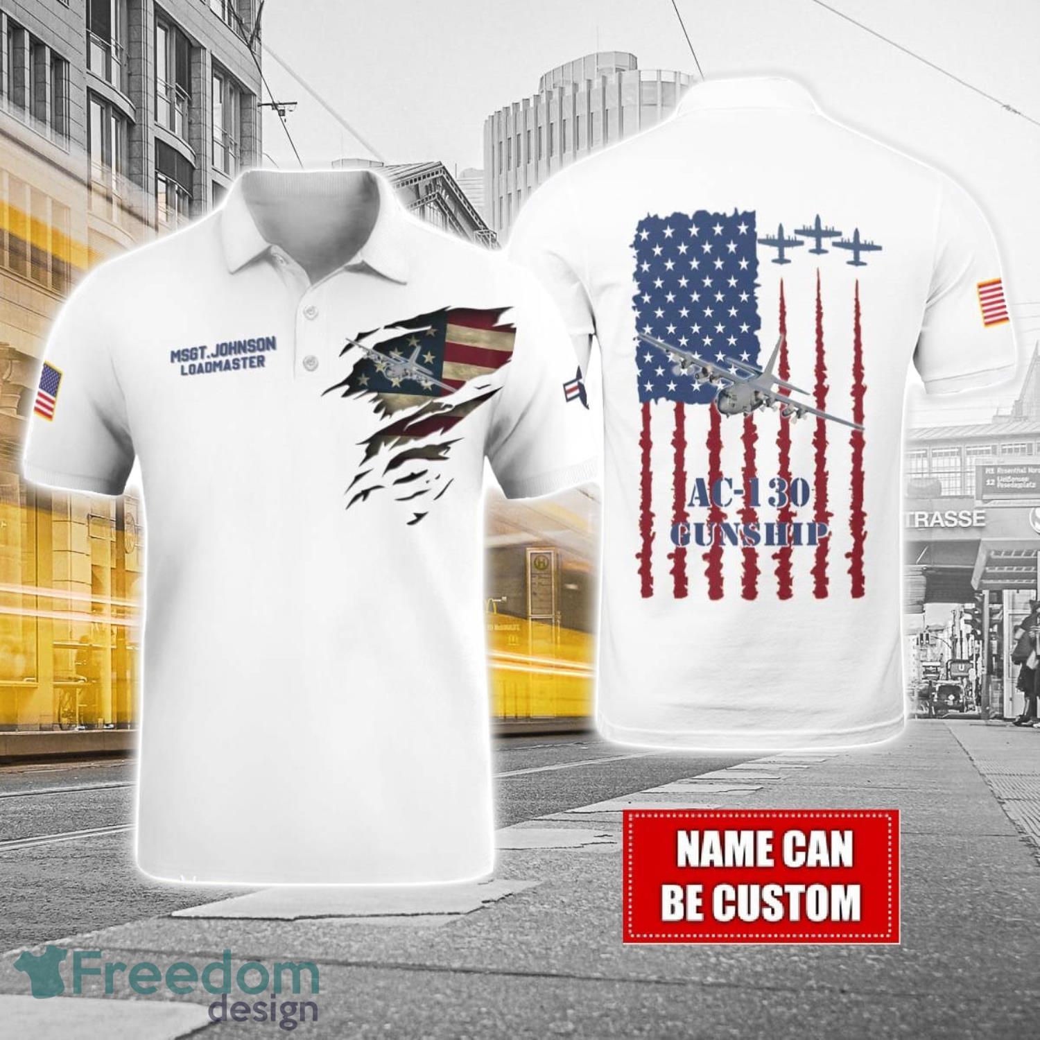 AC 130 Gunship AC130 Custom Name AOP Aircraft Polo Shirt Veteran Golf polo Shirt White Corlor image AC-130 Gunship AC130 Custom Name AOP Aircraft Polo Shirt Veteran Golf polo Shirt White Corlor Product Photo 1