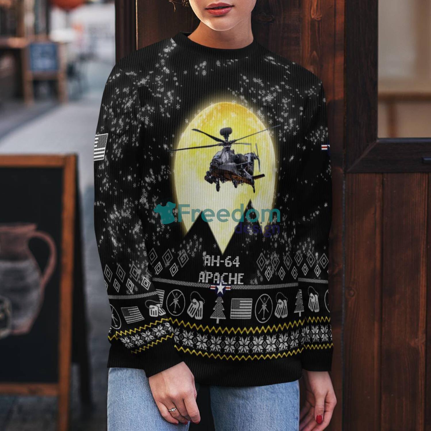 AH 64 Apache AH64 Aircraft Moonlight Black Ugly Christmas Sweater Veteran Sweater image AH-64 Apache AH64 Aircraft Moonlight Black Ugly Christmas Sweater Veteran Sweater Product Photo 1