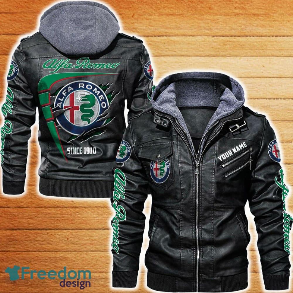 Alfa Romeo Leather Jacket Black And Brown Color Car Logo Trending All OVer Print Gift Fans Custom Name image Alfa Romeo Leather Jacket Black And Brown Color Car Logo Trending All OVer Print Gift Fans Custom Name - Alfa Romeo Leather Jacket Car For Fans_1