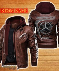 AMG Leather Jacket Black And Brown Color Car Logo Trending All OVer Print Gift Fans Custom Name - AMG Leather Jacket Car For Fans_2