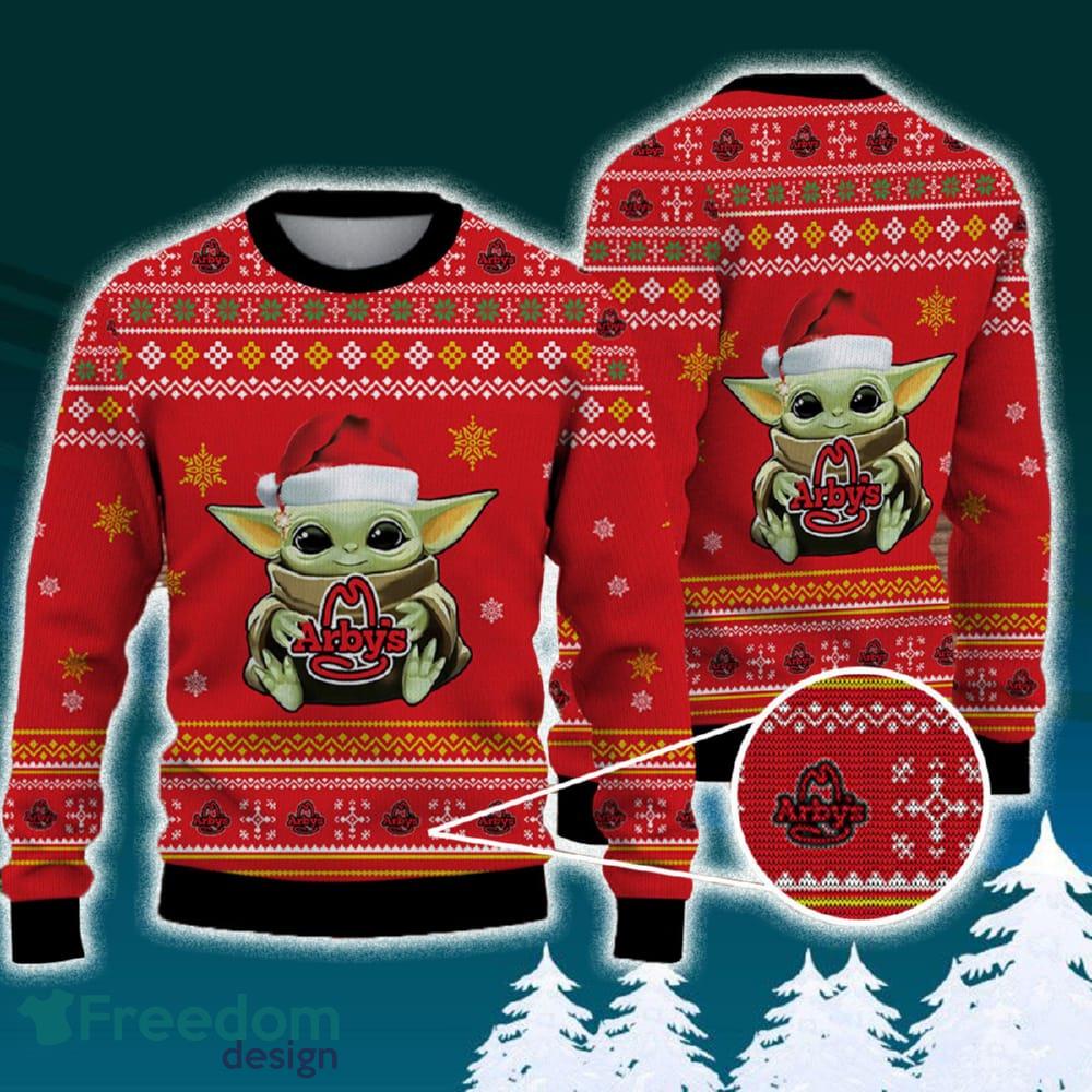 Arby's Baby Yoda Santa Hat Funny Brands Logo 3D Sweater For Men Women Fans Gift Christmas image Arby's Baby Yoda Santa Hat Funny Brands Logo 3D Sweater For Men Women Fans Gift Christmas