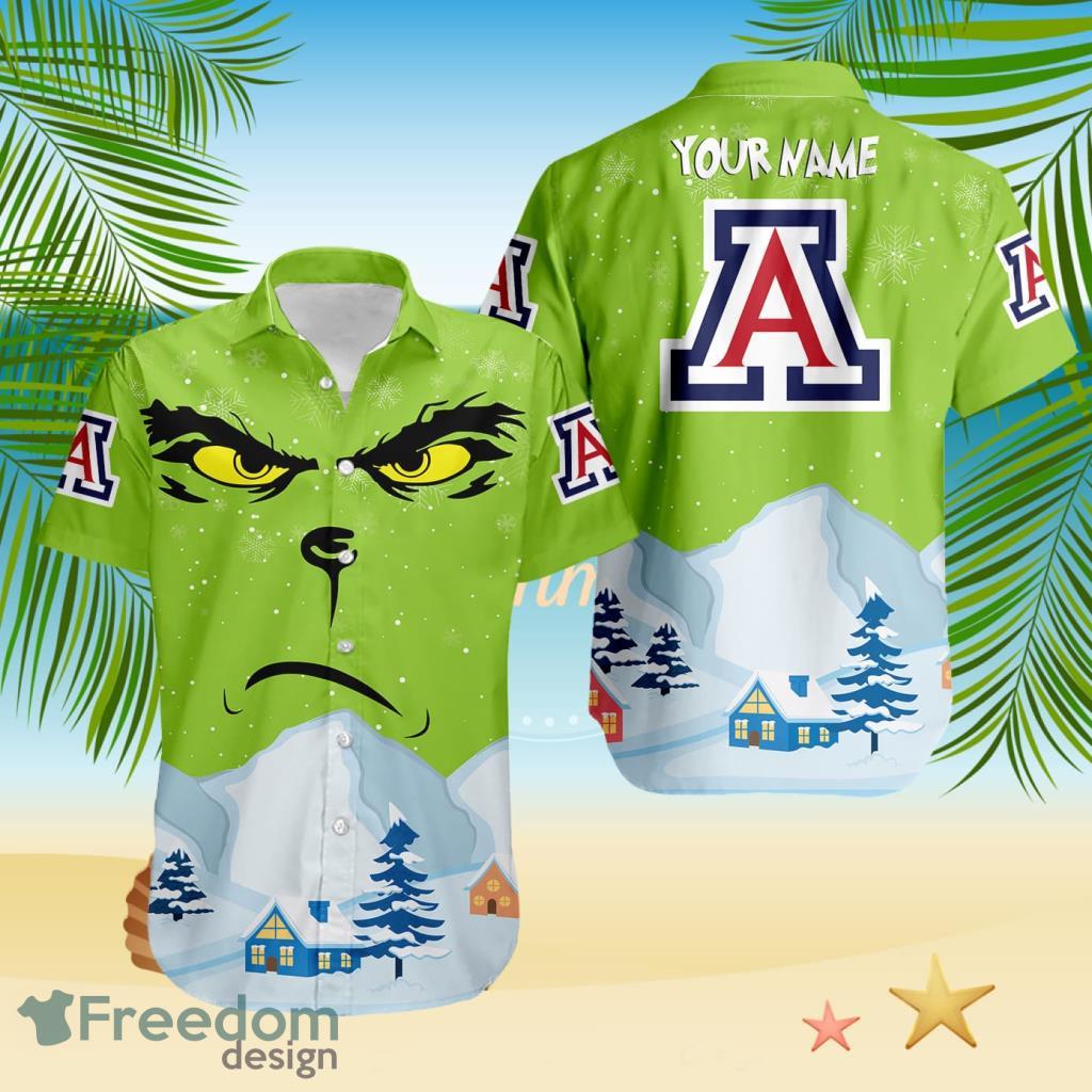 Arizona Wildcats NCAA Grinch Merry Merry Christmas House House Tropical Hawaiian Shirt Custom Name image Arizona Wildcats NCAA Grinch Merry Merry Christmas House House Tropical Hawaiian Shirt Custom Name Product Photo 1