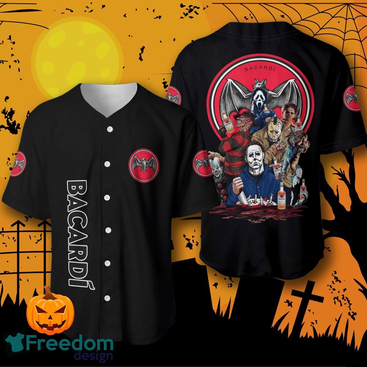Bacardi Rum Halloween Horror Characters Baseball Jersey For Men And Women image Bacardi Rum Halloween Horror Characters Baseball Jersey For Men And Women Product Photo 1