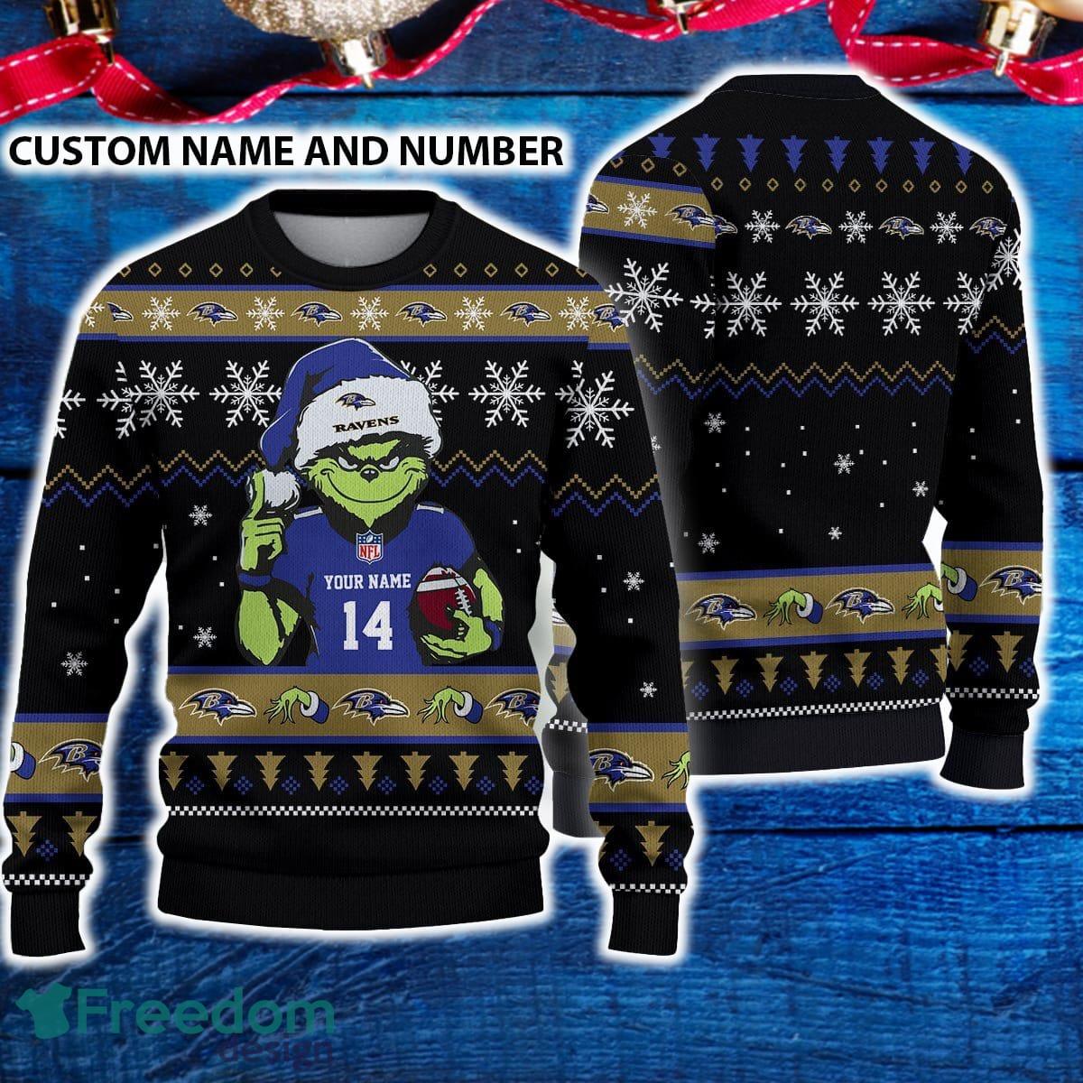 Baltimore Ravens 3D Ugly Christmas Sweater Grinch Funny Custom Number And Name image Baltimore Ravens 3D Ugly Christmas Sweater Grinch Funny Custom Number And Name - Baltimore Ravens 3D Ugly Christmas Sweater Grinch Funny Custom Number And Name