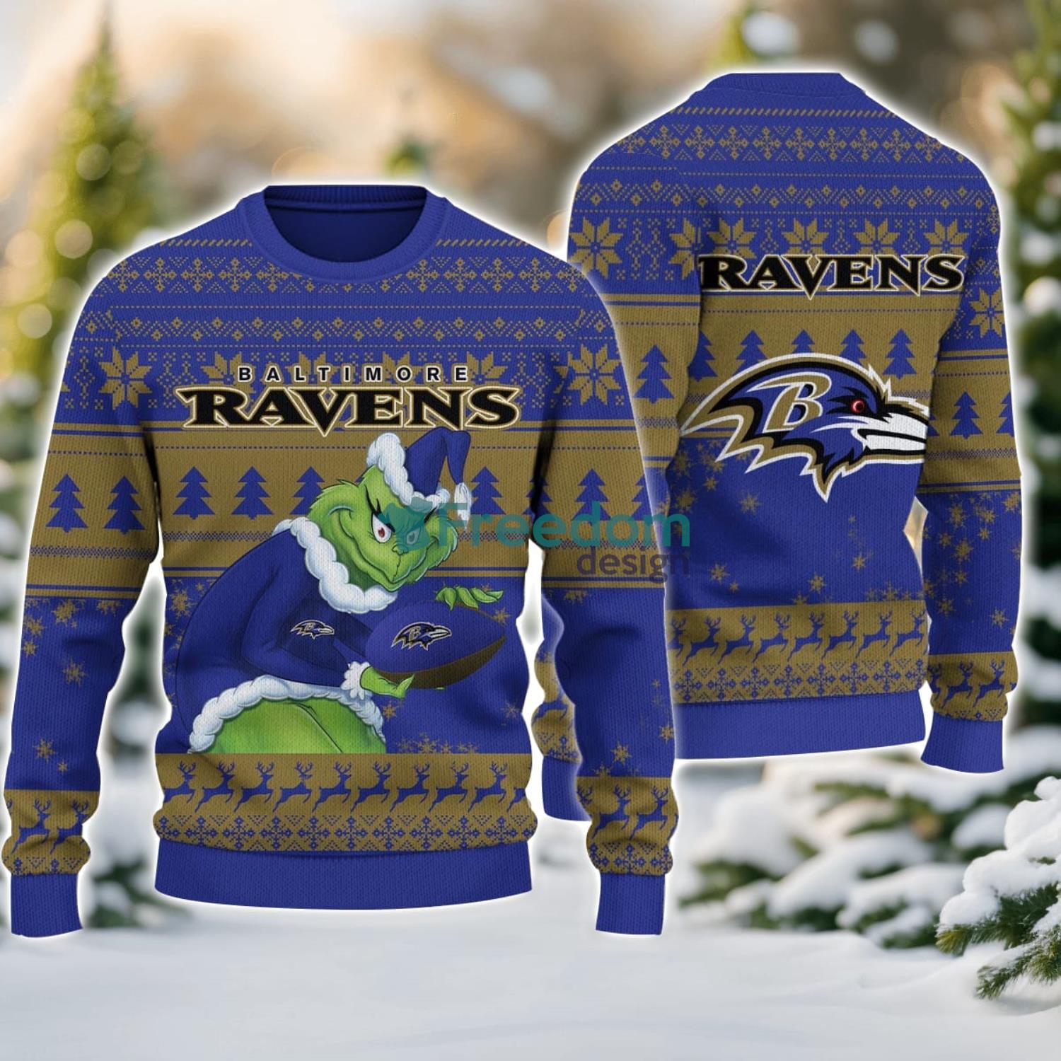 Baltimore Ravens Grinch Ugly Christmas Sweater With Team Logo 3D Printed Christmas Sweater Gift image Baltimore Ravens Grinch Ugly Christmas Sweater With Team Logo 3D Printed Christmas Sweater Gift Product Photo 1