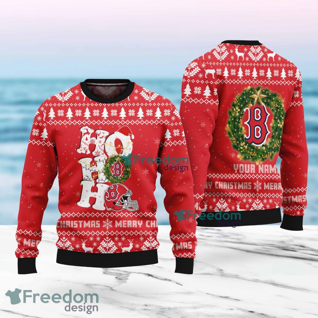 Boston Red Sox MLB Custom Name Christmas Wreath Ugly Sweater Christmas For Fans image Boston Red Sox MLB Custom Name Christmas Wreath Ugly Sweater Christmas For Fans Product Photo 1