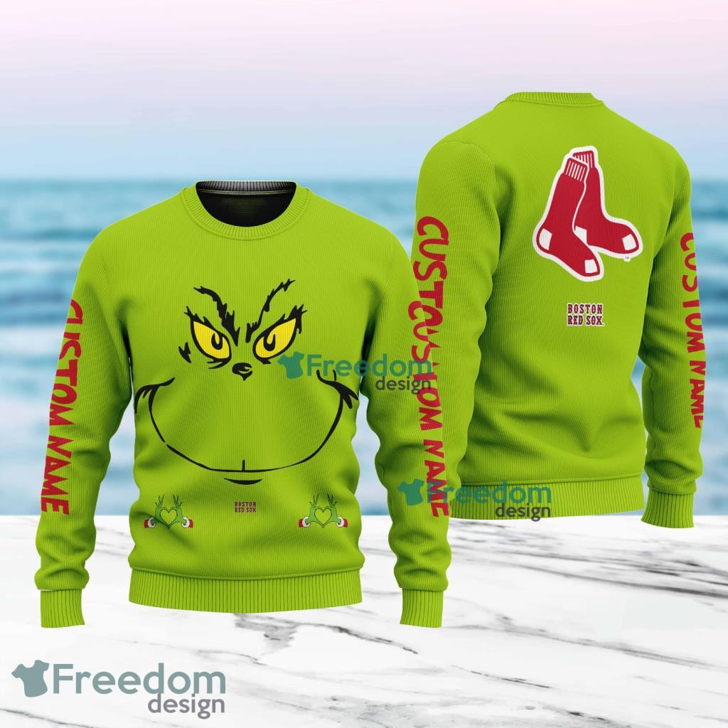 Boston Red Sox MLB Ginch Face Funny Custom Name Ugly Sweater Merry Chistmas Gift For Fans image Boston Red Sox MLB Ginch Face Funny Custom Name Ugly Sweater Merry Chistmas Gift For Fans Product Photo 1