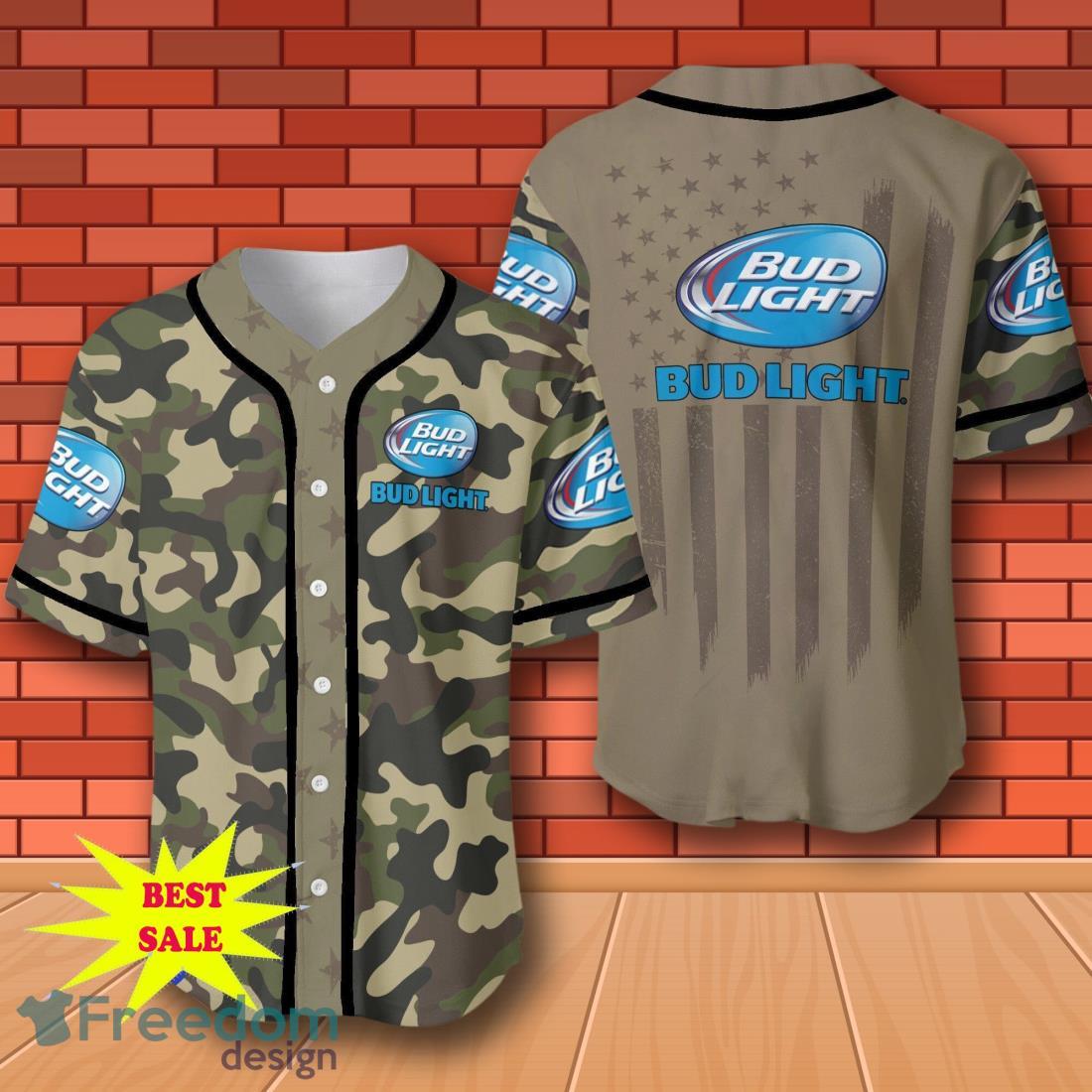 Bud Light Beer Camouflage Green United States Flag Baseball Jersey for All Genders image Bud Light Beer Camouflage Green United States Flag Baseball Jersey for All Genders Product Photo 1