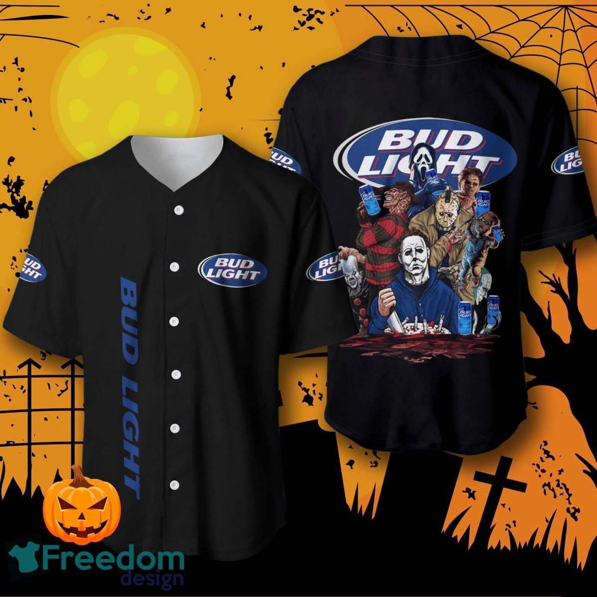 Bud Light Beer Halloween Horror Characters Baseball Jersey For Men And Women image Bud Light Beer Halloween Horror Characters Baseball Jersey For Men And Women Product Photo 1