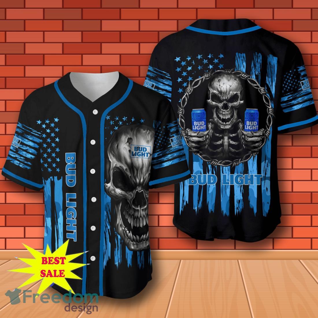 Bud Light Beer Skull USA Flag Baseball Jersey for All Genders image Bud Light Beer Skull USA Flag Baseball Jersey for All Genders Product Photo 1