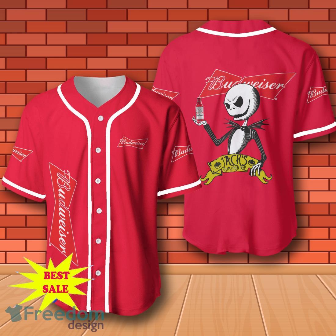 Budweiser Beer Halloween Jack Skellington Nightmare Baseball Jersey for All Genders image Budweiser Beer Halloween Jack Skellington Nightmare Baseball Jersey for All Genders Product Photo 1