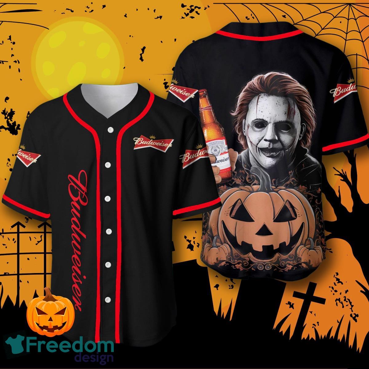 Budweiser Michael Myers Halloween Costume Baseball Jersey For Men And Women image Budweiser Michael Myers Halloween Costume Baseball Jersey For Men And Women Product Photo 1