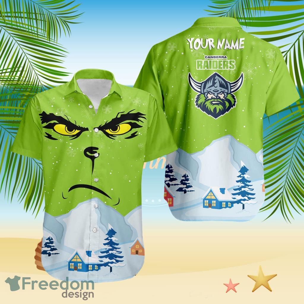 Canberra Raiders NRL Grinch Merry Merry Christmas House House Tropical Hawaiian Shirt Custom Name image Canberra Raiders NRL Grinch Merry Merry Christmas House House Tropical Hawaiian Shirt Custom Name Product Photo 1