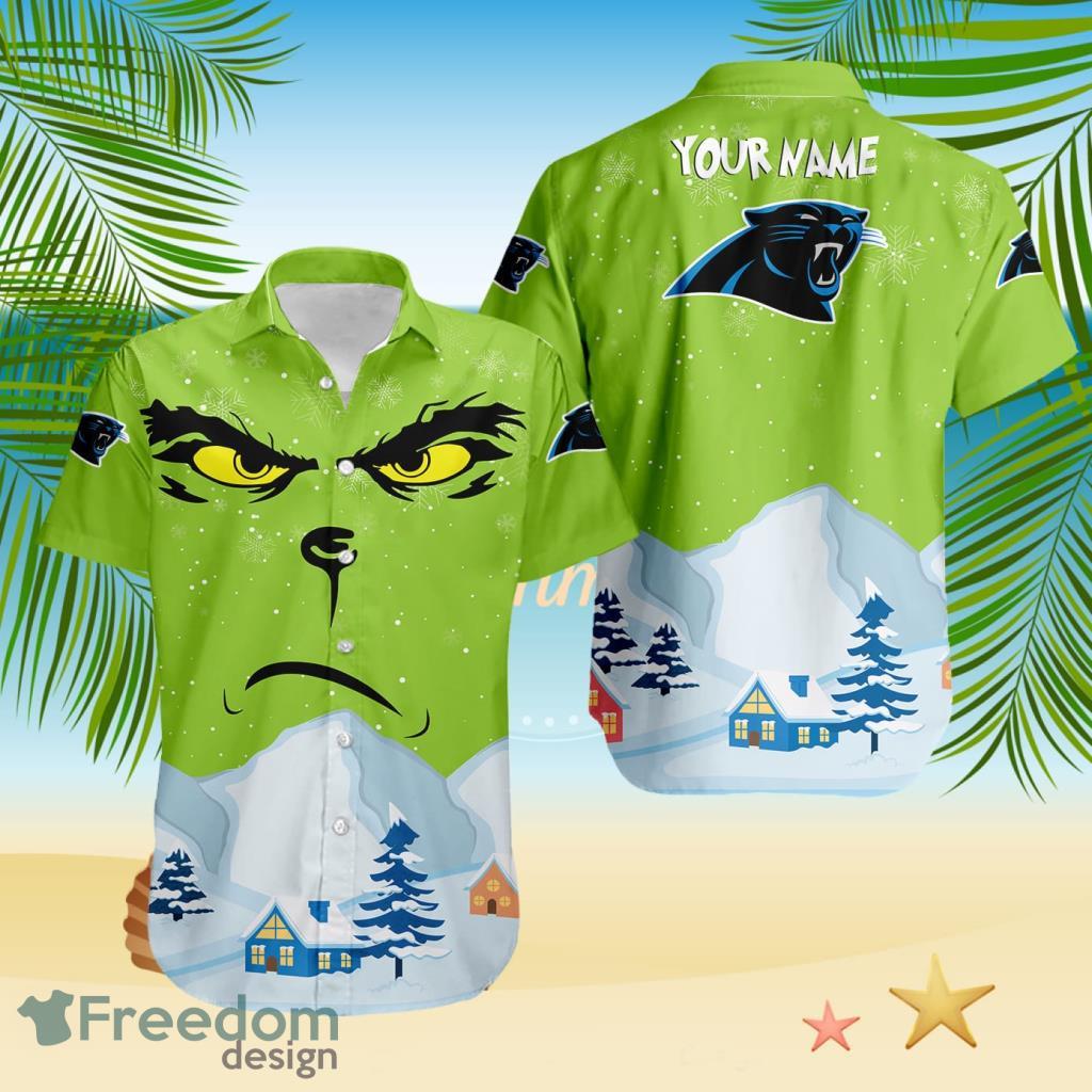 Carolina Panthers NFL Grinch Merry Merry Christmas House House Tropical Hawaiian Shirt Custom Name image Carolina Panthers NFL Grinch Merry Merry Christmas House House Tropical Hawaiian Shirt Custom Name Product Photo 1