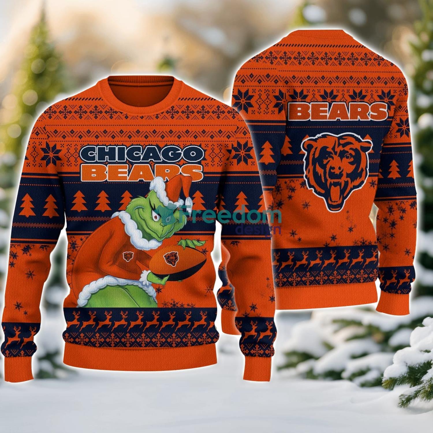 Chicago Bears Grinch Ugly Christmas Sweater With Team Logo 3D Printed Christmas Sweater Gift image Chicago Bears Grinch Ugly Christmas Sweater With Team Logo 3D Printed Christmas Sweater Gift Product Photo 1