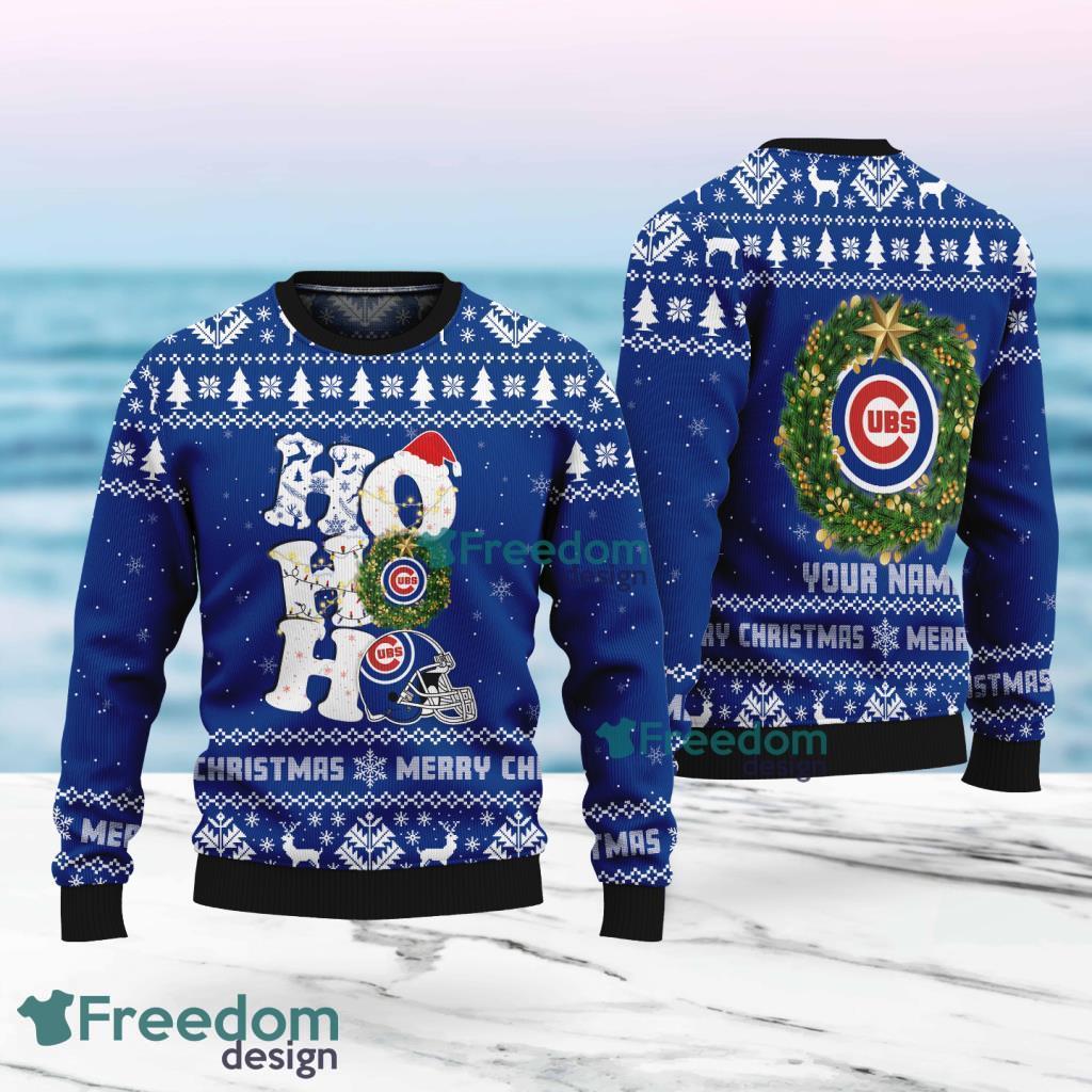 Chicago Cubs MLB Custom Name Christmas Wreath Ugly Sweater Christmas For Fans image Chicago Cubs MLB Custom Name Christmas Wreath Ugly Sweater Christmas For Fans Product Photo 1