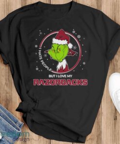 Christmas Grinch Santa I Hate People But I Love My Arkansas Razorbacks - Black T-Shirt