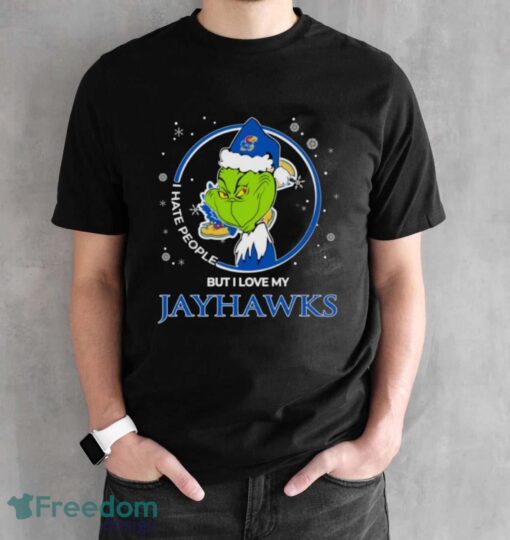 Christmas Grinch Santa I Hate People But I Love My Kansas Jayhawks Shirt - Black Unisex T-Shirt