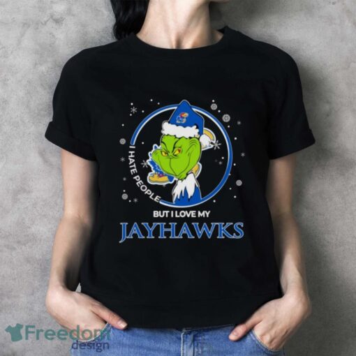 Christmas Grinch Santa I Hate People But I Love My Kansas Jayhawks Shirt - Ladies T-Shirt