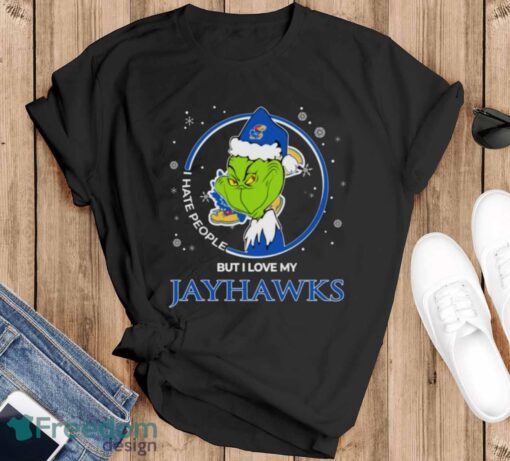 Christmas Grinch Santa I Hate People But I Love My Kansas Jayhawks Shirt - Black T-Shirt