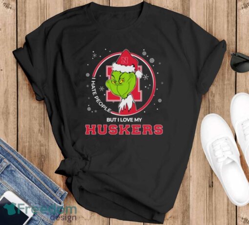 Christmas Grinch Santa I Hate People But I Love My Nebraska Cornhuskers Shirt - Black T-Shirt