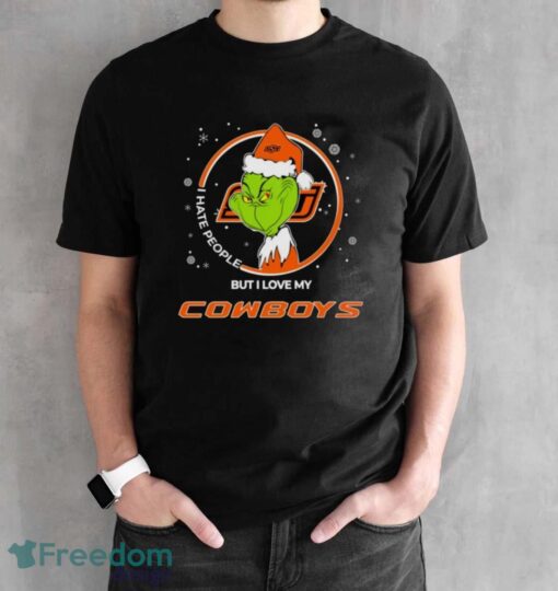 Christmas Grinch Santa I Hate People But I Love My Oklahoma State Cowboys Shirt - Black Unisex T-Shirt