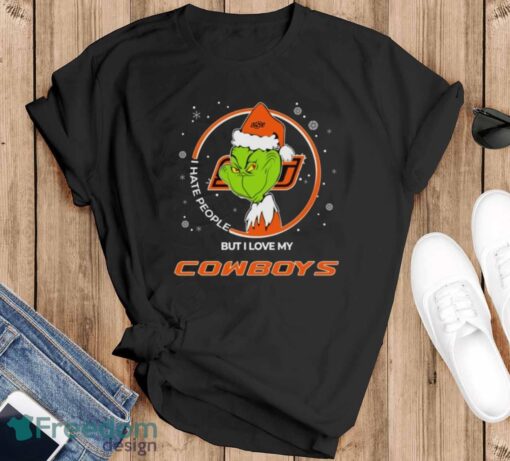 Christmas Grinch Santa I Hate People But I Love My Oklahoma State Cowboys Shirt - Black T-Shirt