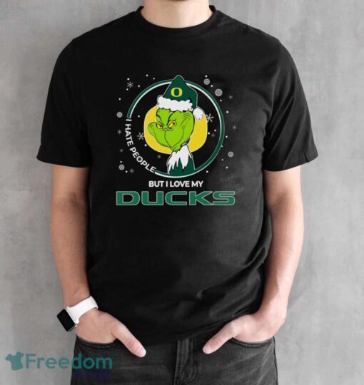 Christmas Grinch Santa I Hate People But I Love My Oregon Ducks Shirt - Black Unisex T-Shirt