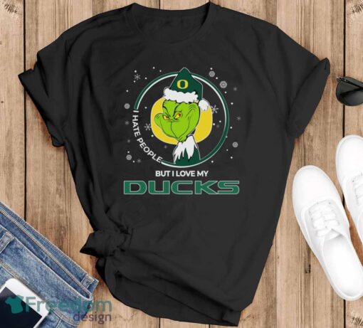 Christmas Grinch Santa I Hate People But I Love My Oregon Ducks Shirt - Black T-Shirt