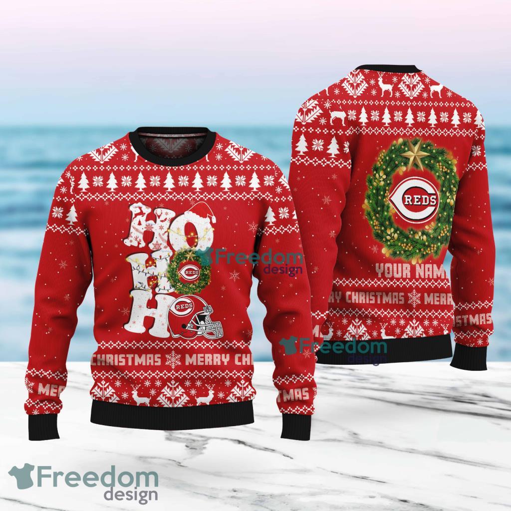 Cincinnati Reds MLB Custom Name Christmas Wreath Ugly Sweater Christmas For Fans image Cincinnati Reds MLB Custom Name Christmas Wreath Ugly Sweater Christmas For Fans Product Photo 1