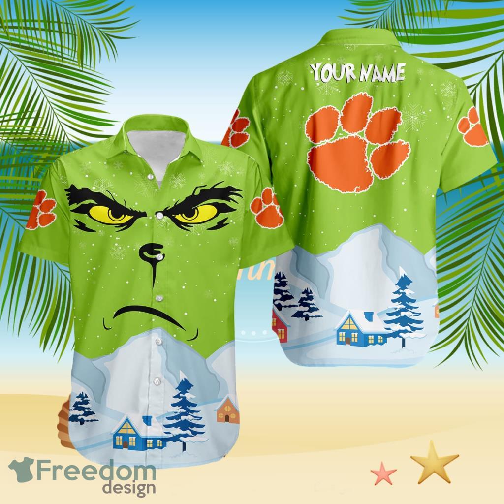Clemson Tigers NCAA Grinch Merry Merry Christmas House House Tropical Hawaiian Shirt Custom Name image Clemson Tigers NCAA Grinch Merry Merry Christmas House House Tropical Hawaiian Shirt Custom Name Product Photo 1