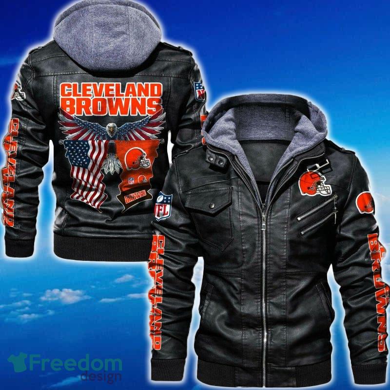 Cleveland Browns NFL Eagle 2D Leather Jacket Black And Brown Color image Cleveland Browns NFL Eagle 2D Leather Jacket Black And Brown Color - Cleveland Browns NFL Eagle Leather Jacket_1