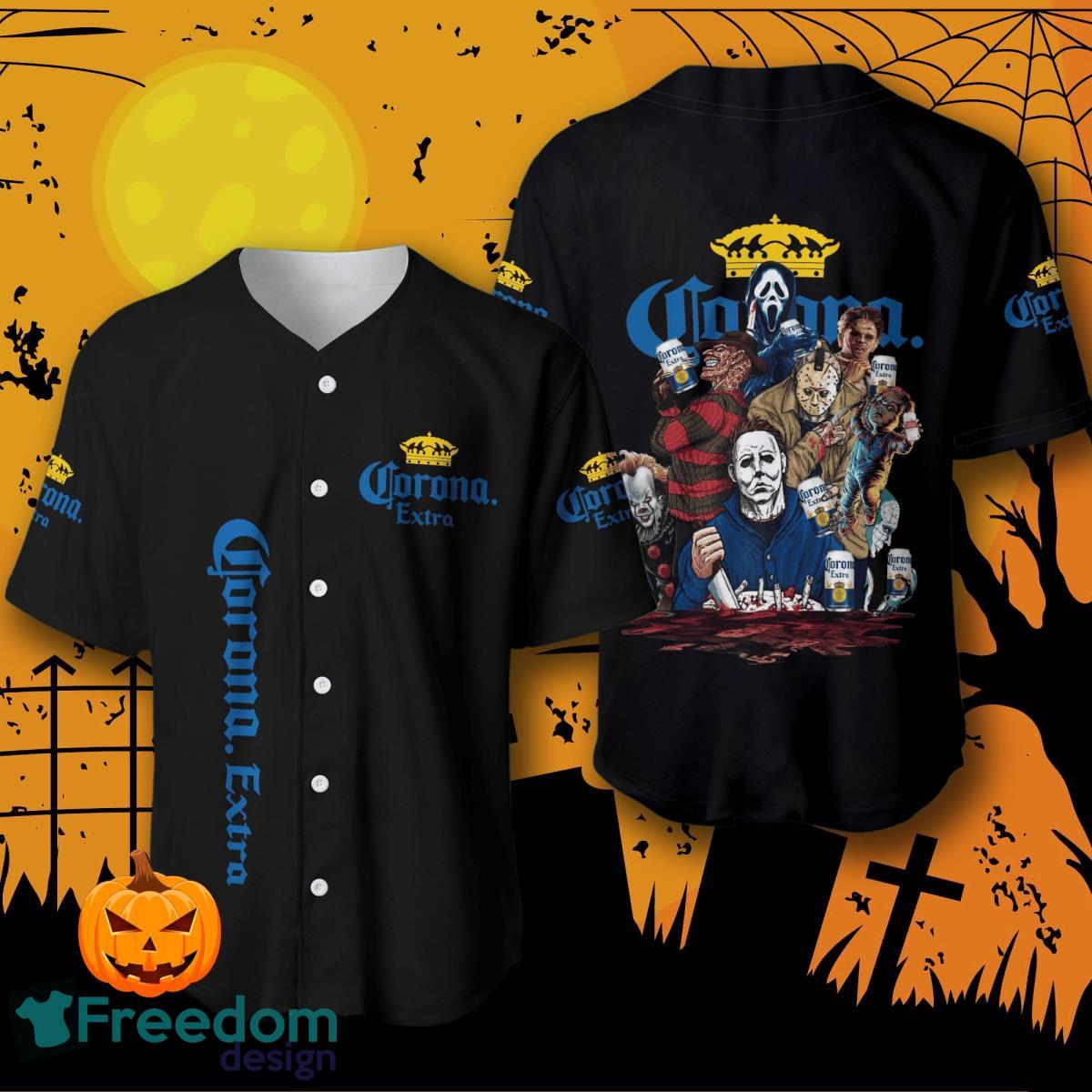 Corona Extra Beer Halloween Horror Characters Baseball Jersey For Men And Women image Corona Extra Beer Halloween Horror Characters Baseball Jersey For Men And Women Product Photo 1